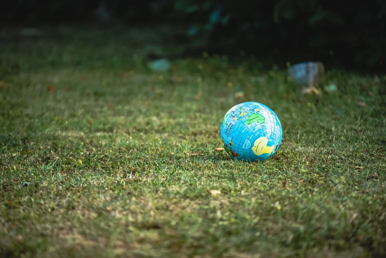 Globus-Wasserball liegt auf einer Wiese
